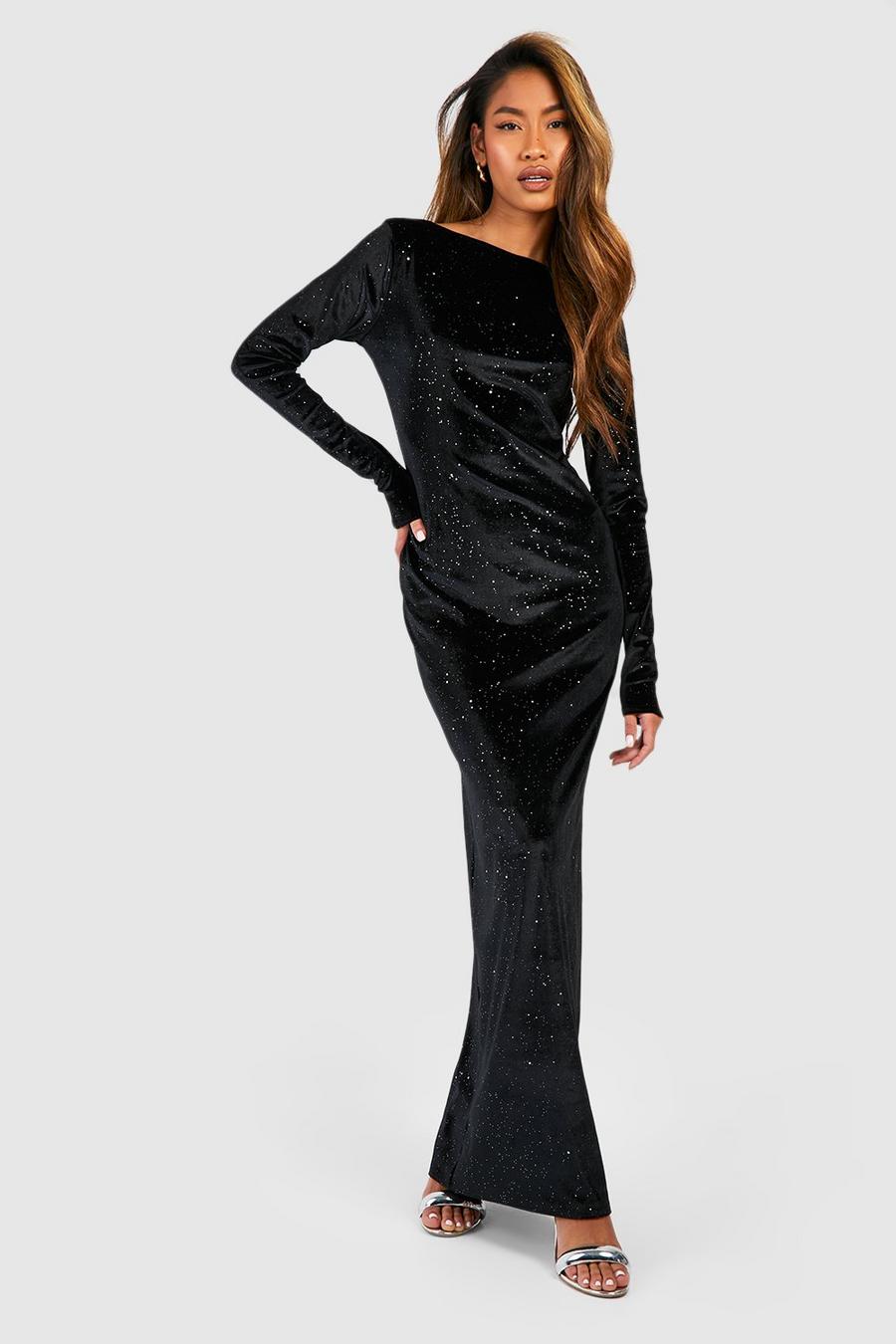 Black Glitter Velvet Low Scoop Back Maxi Dress image number 1