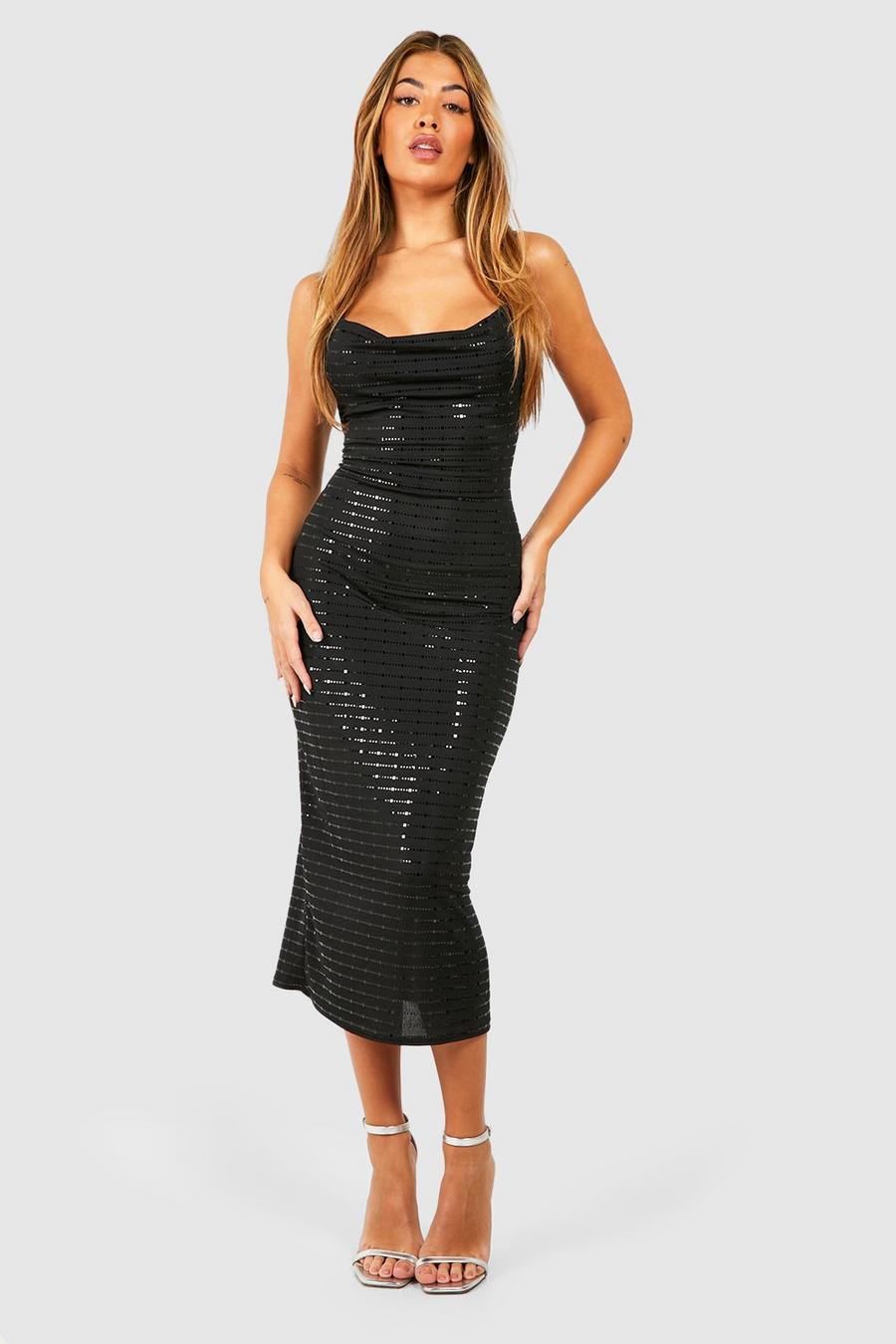 Black Cowl Neck Sequin Midi Dress image number 1