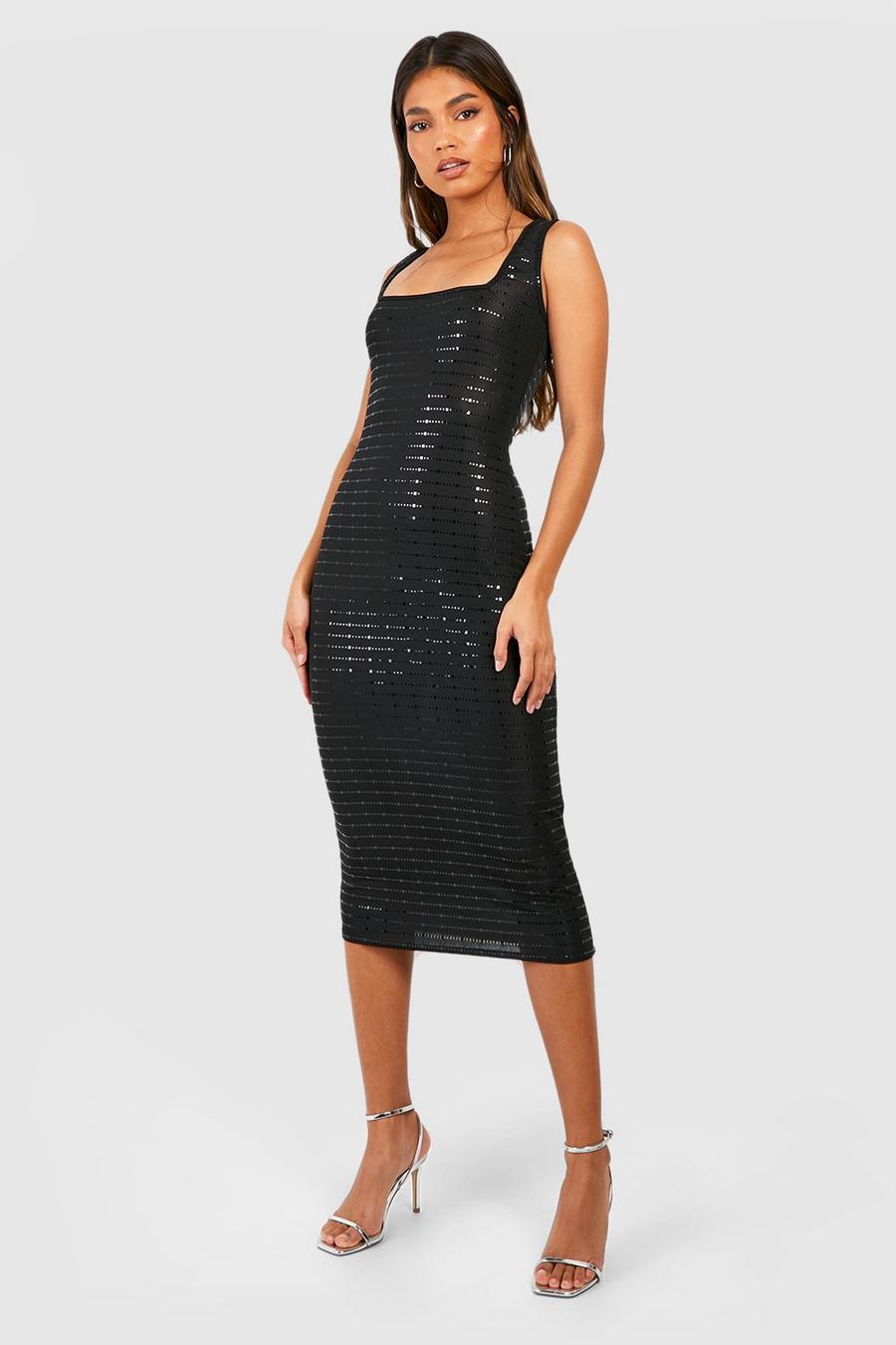 Black Square Neck Sequin Midi Dress image number 1