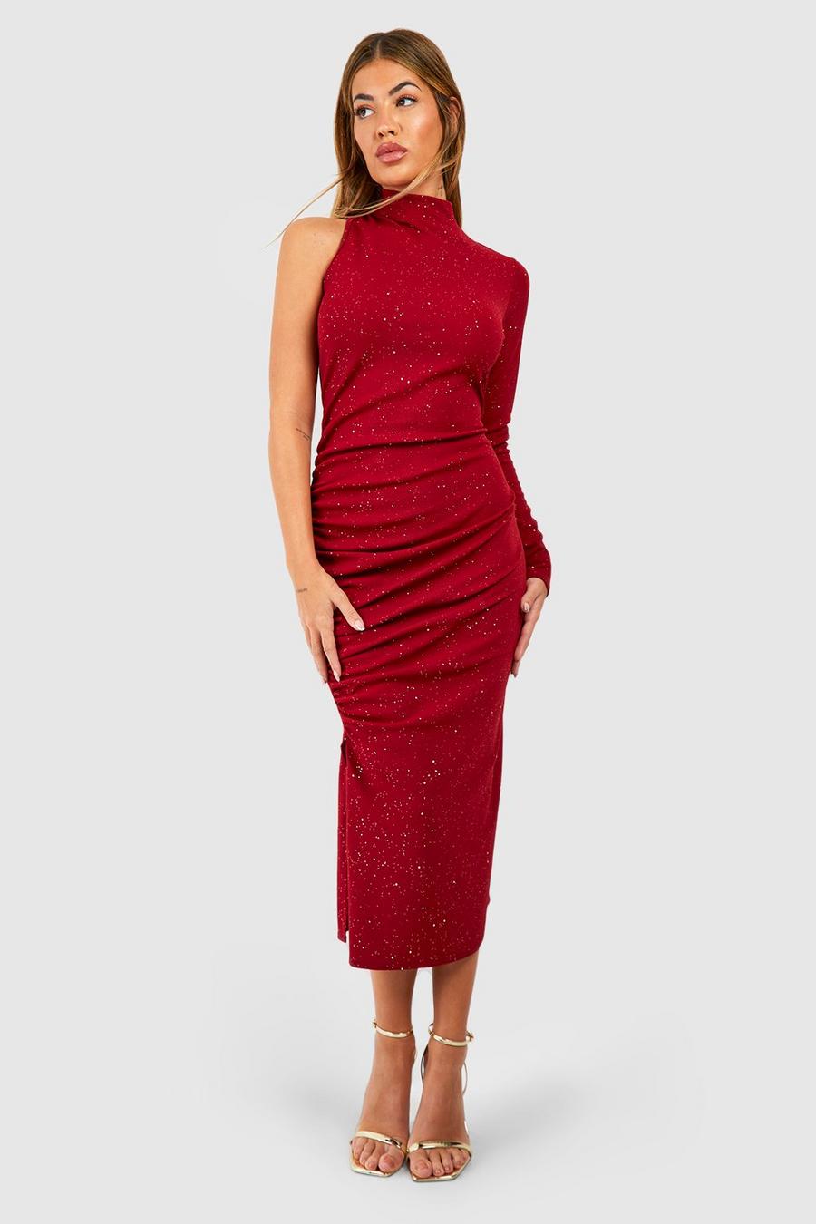 Berry red One Shoulder Glitter Crepe Midi Dress