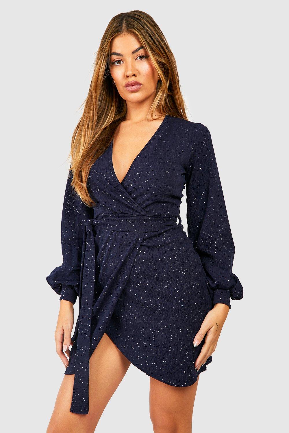 Boohoo navy wrap dress best sale