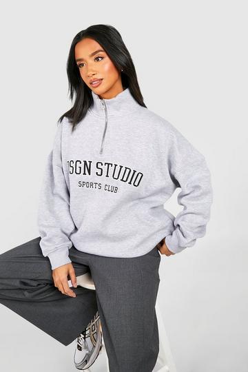 Grey Petite Dsgn Studio Applique Oversized Half Zip Sweatshirt