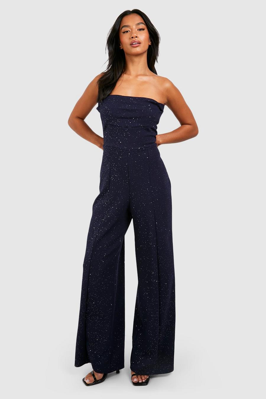 Navy Petite Glitter Sweetheart Cowl Jumpsuit image number 1