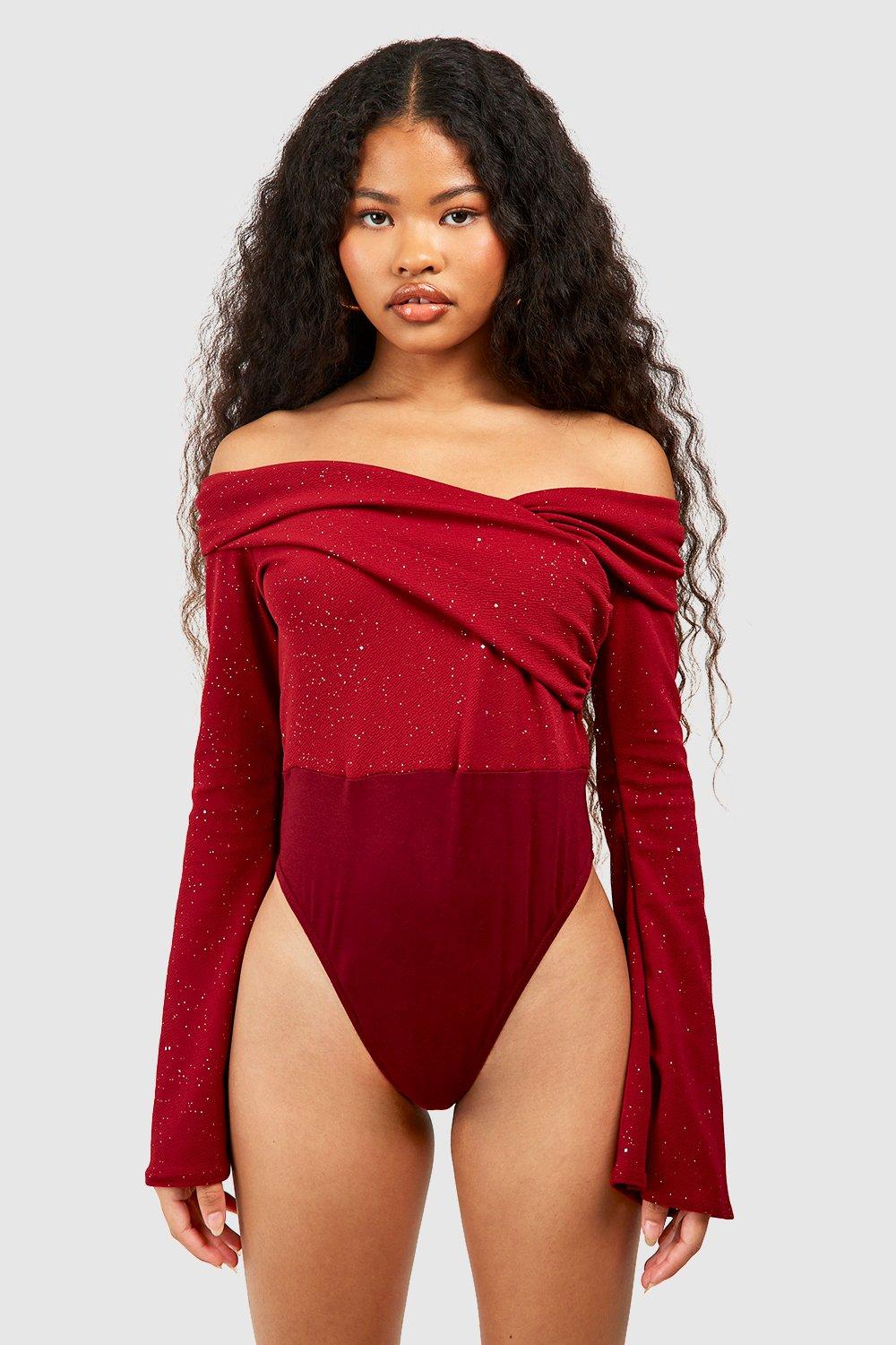 Petite Glitter Bardot Bodysuit boohoo