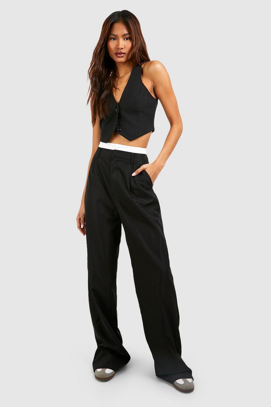 Black Tall Reverse Asymmetric Waistband Wide Leg Trousers image number 1