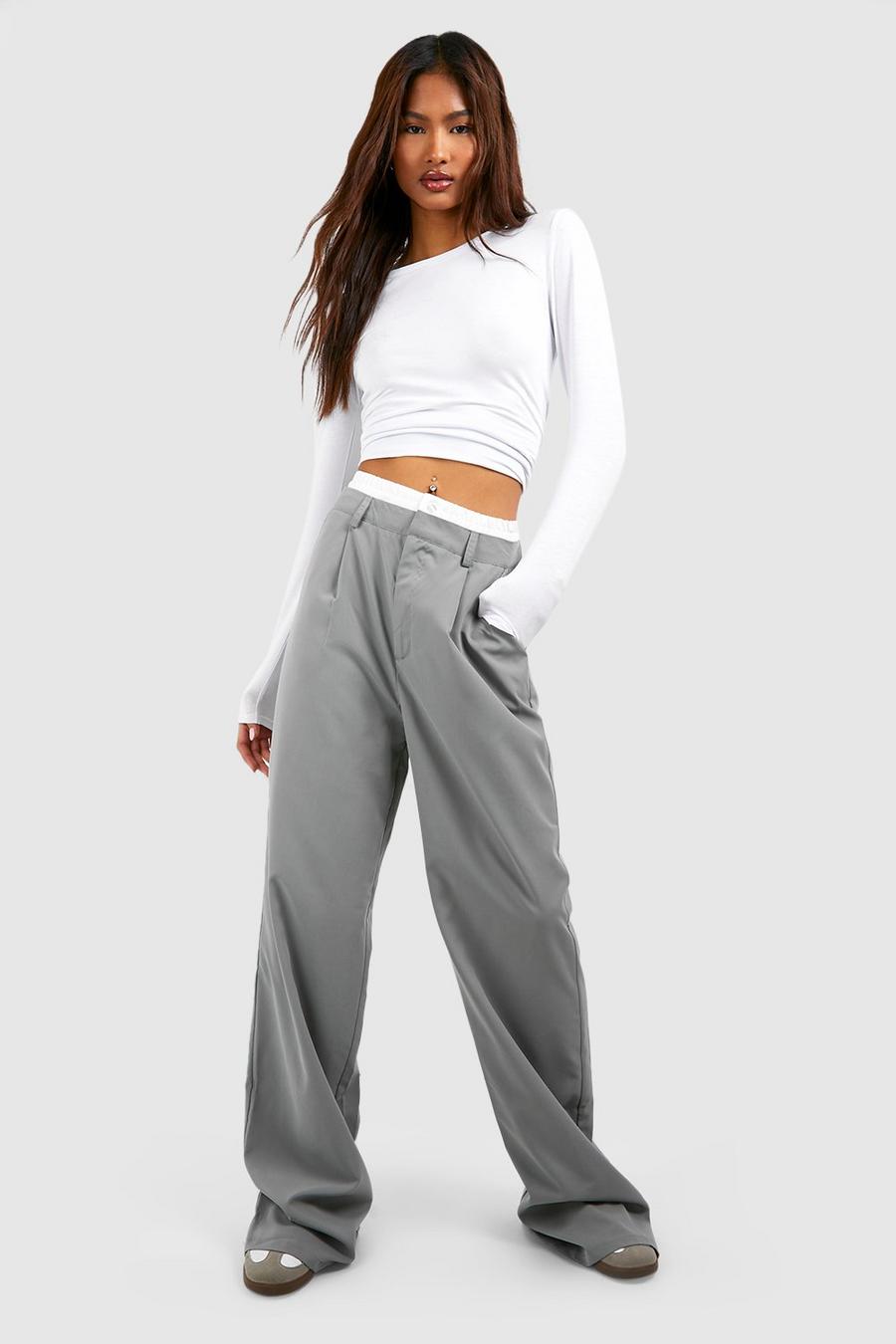 Grey marl Tall Reverse Asymmetric Waistband Wide Leg Trousers image number 1