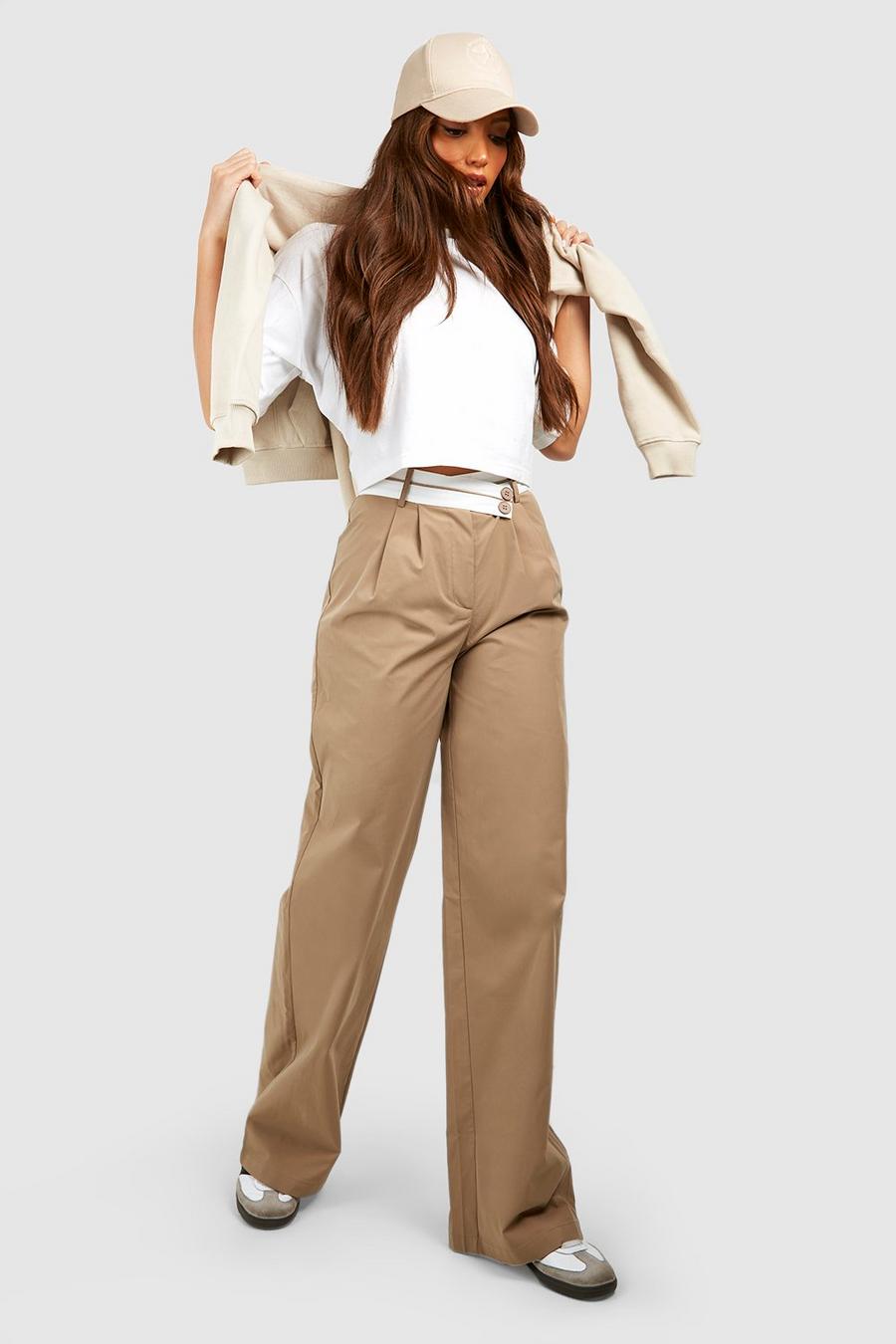 Beige Tall Reverse Asymmetric Waistband Wide Leg Trousers image number 1