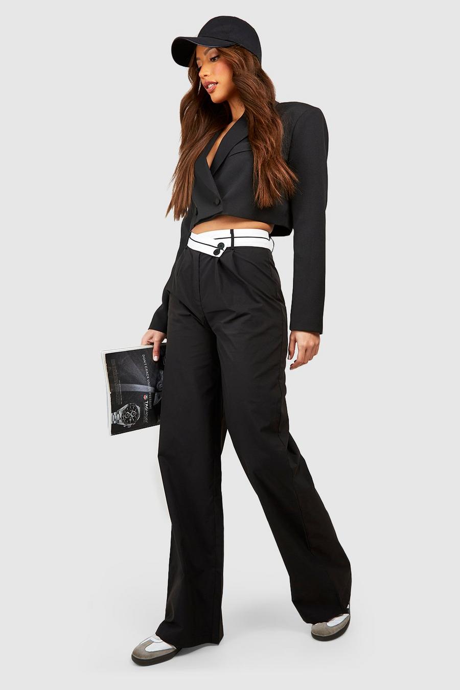 Black Tall Reverse Asymmetric Waistband Wide Leg Trousers image number 1