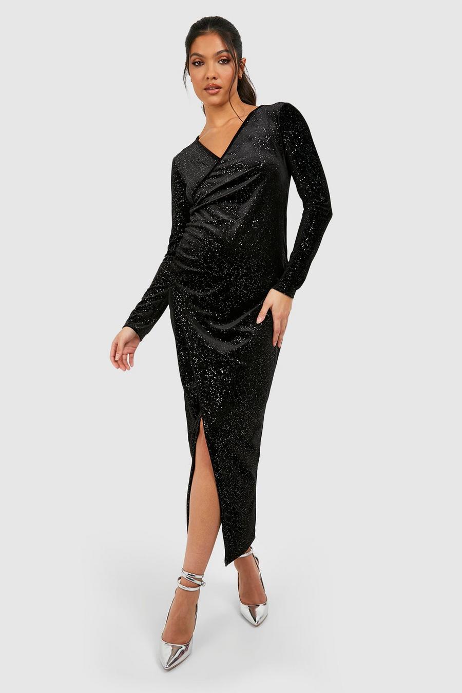 Black Maternity Wrap Over Velvet Midi Dress image number 1