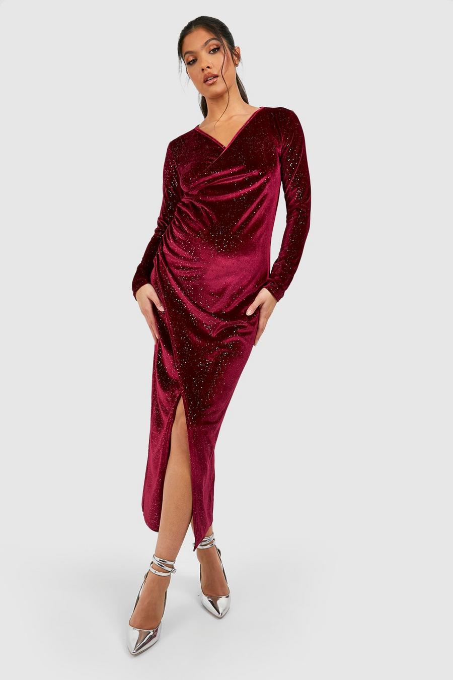 Dark red Maternity Wrap Over Velvet Midi Dress image number 1