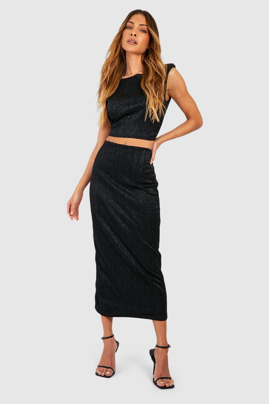 Black Shoulder Pad Glitter Ruched Top & Midi Skirt Set