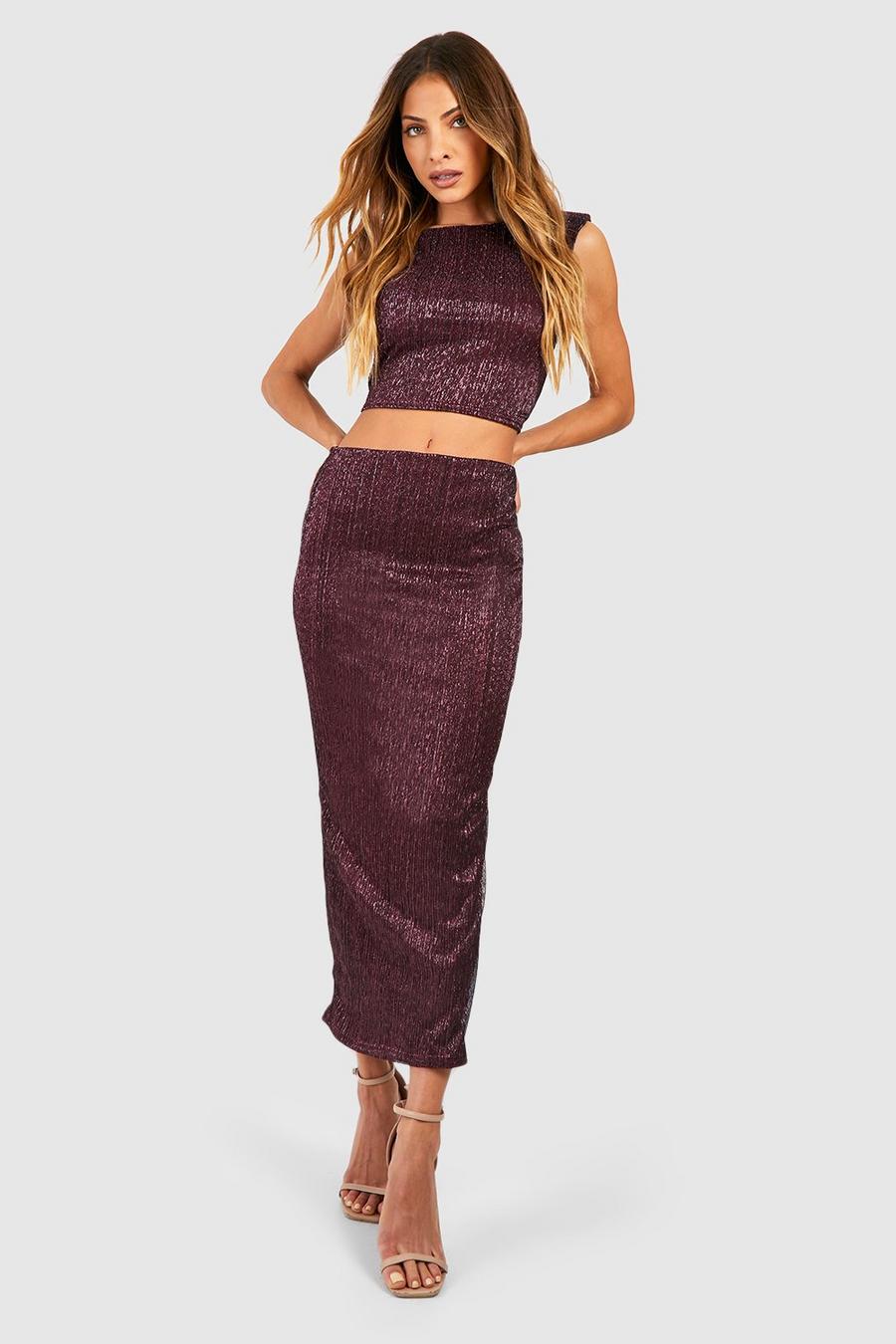Plum violet Shoulder Pad Glitter Ruched Top & Midaxi Skirt Set
