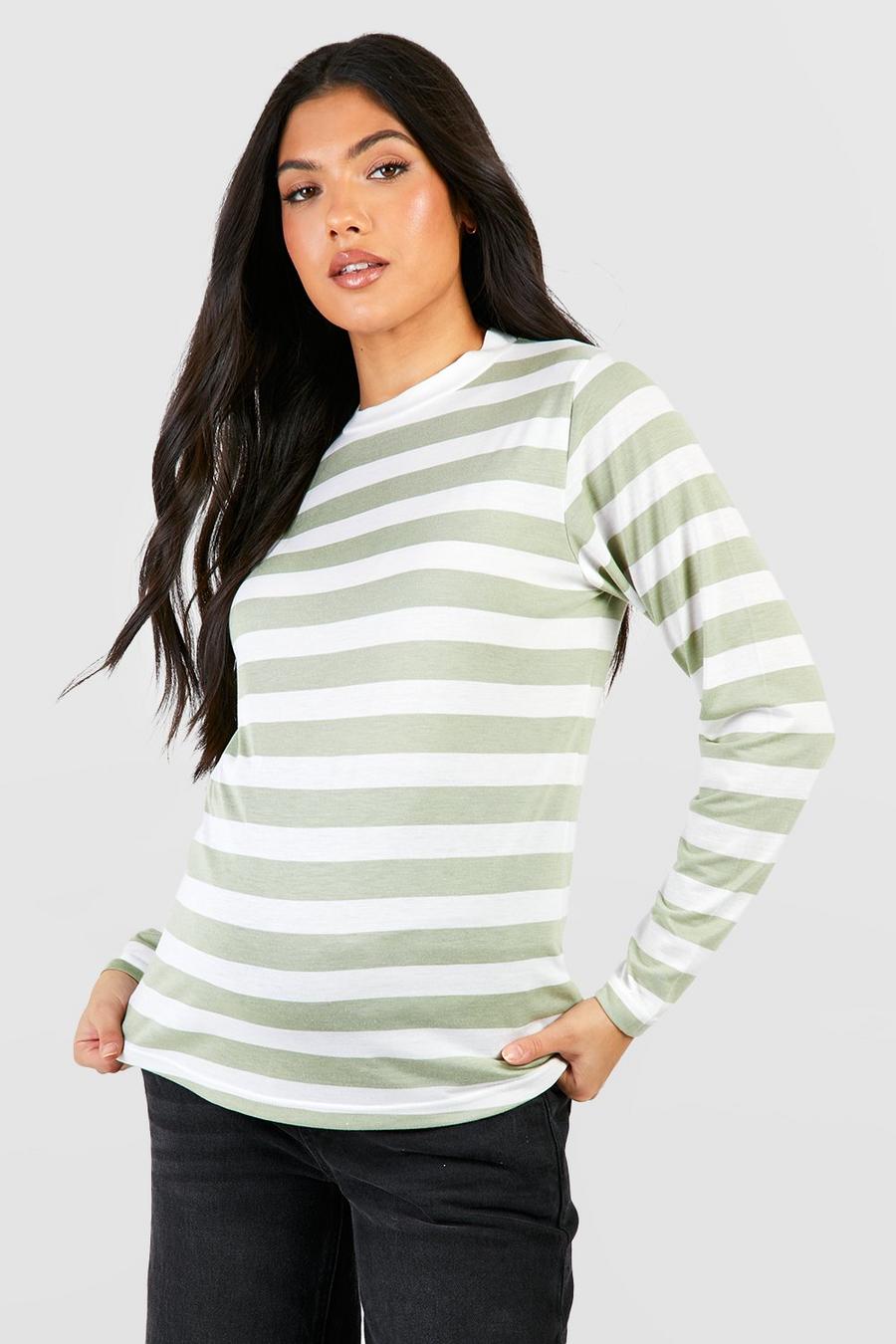 Maternité - T-shirt de grossesse rayé à col ras-du-cou, Khaki image number 1