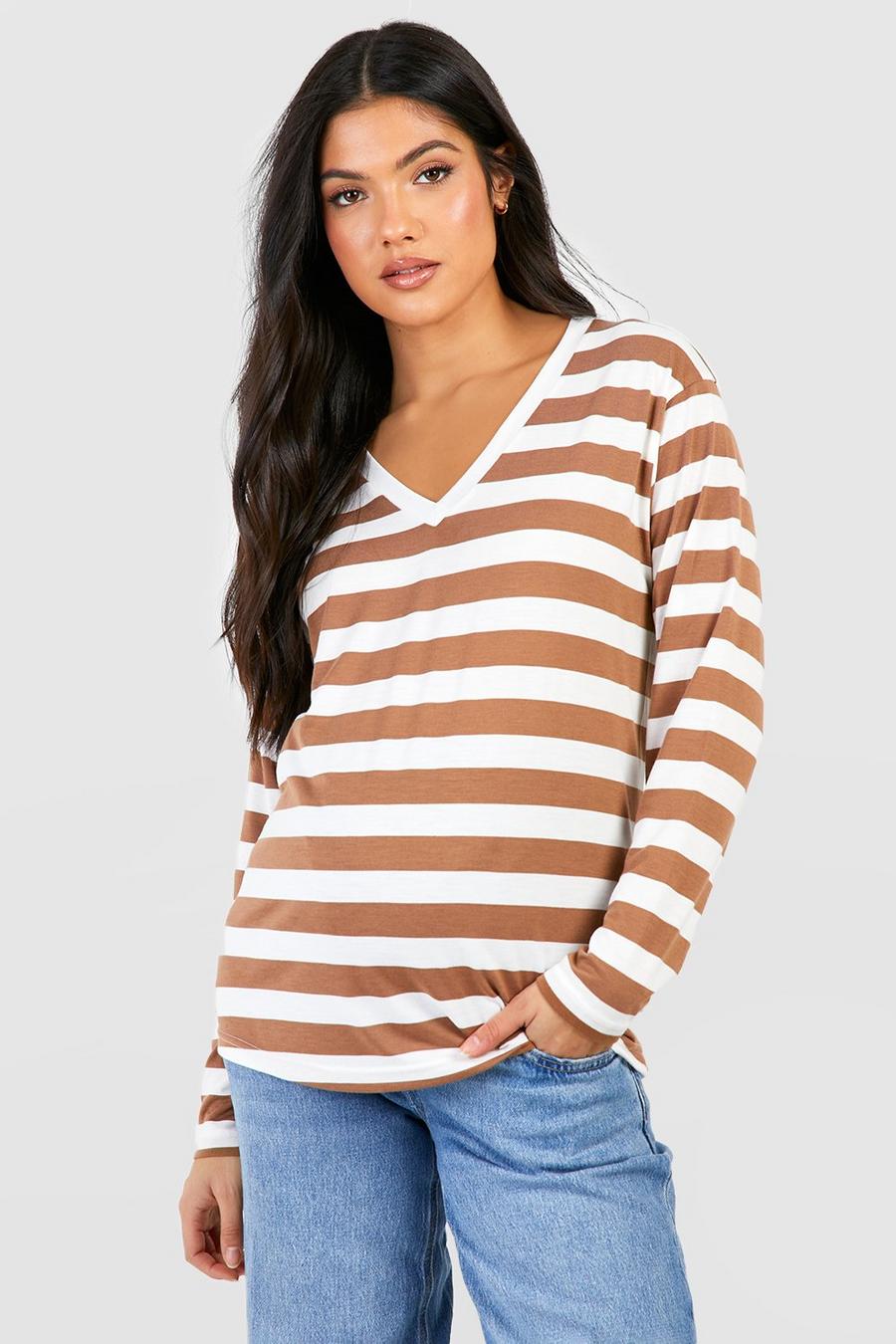 Camel beige Maternity Collared Striped Long Sleeve T-shirt