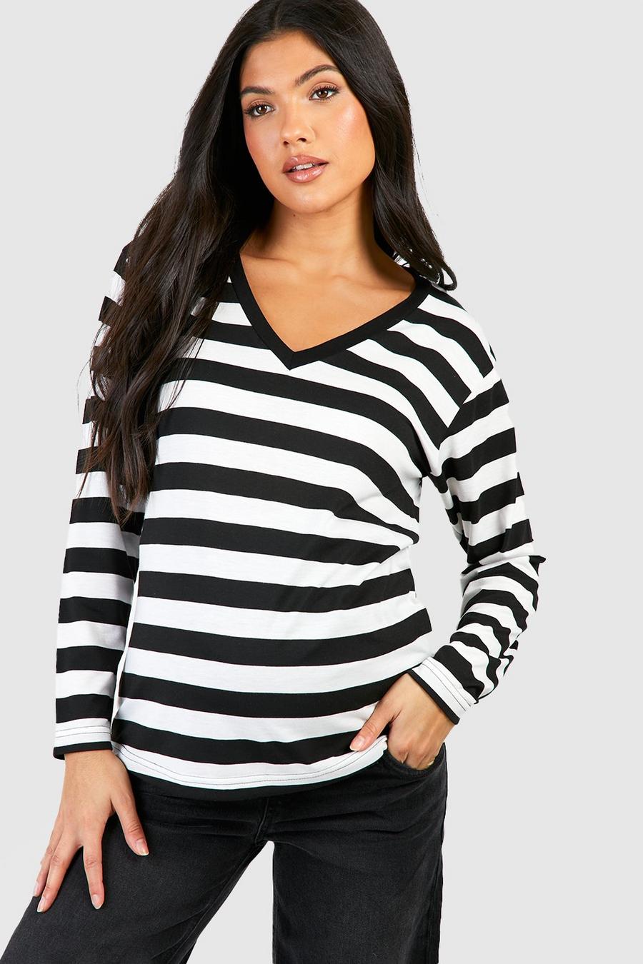 Ivory white Maternity Collared Striped Long Sleeve T-shirt