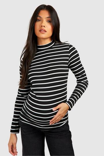 Maternity Roll Neck Striped Long Sleeve T-shirt ivory