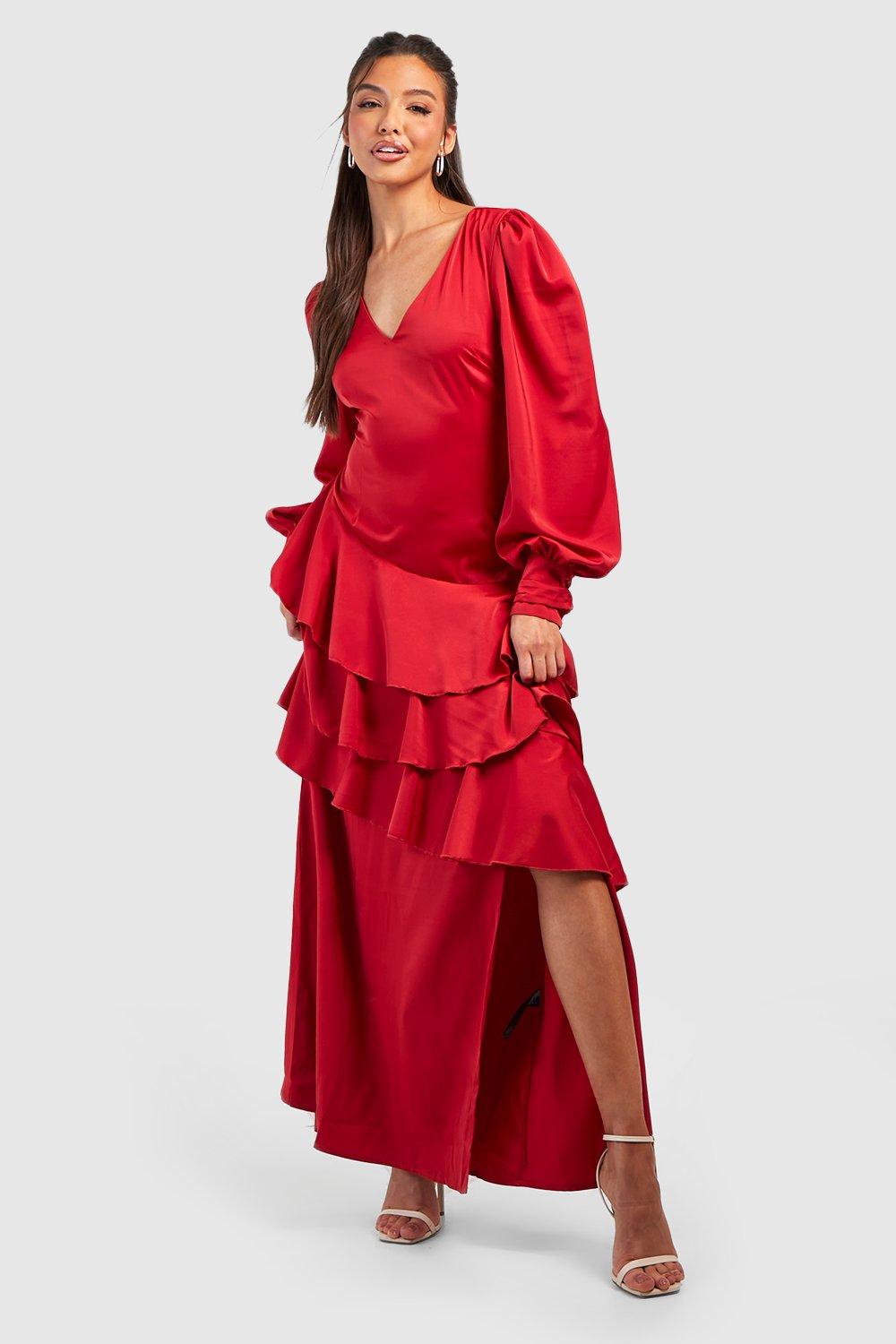 Satin ruffle hot sale maxi dress