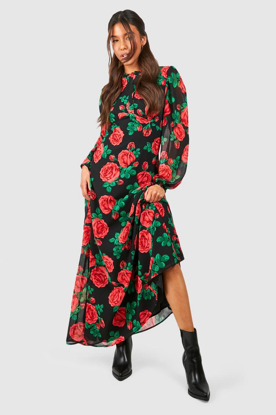 Black Floral Chiffon Ruffle Maxi Dress image number 1