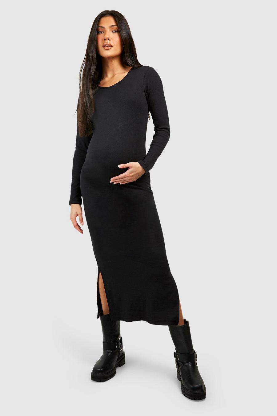 Black Maternity Long Sleeve Rib Midaxi Dress