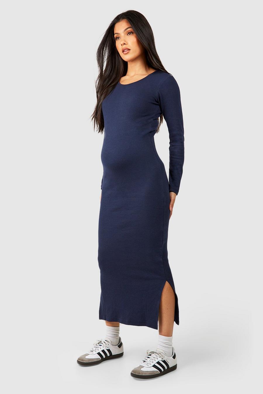Maternité - Robe de grossesse côtelée à manches longues, Navy image number 1