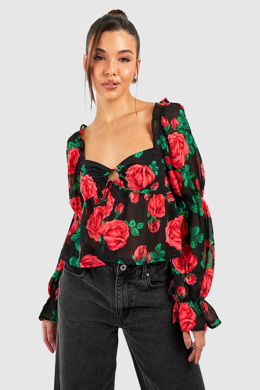 Blusa de tela con estampado de rosas, Black image number 1