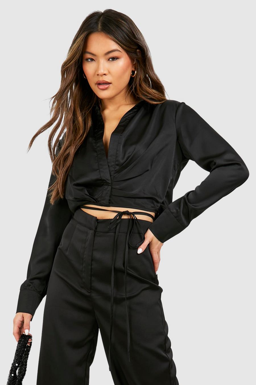 Black Satin Roche Front Tie Detail Shirt  image number 1