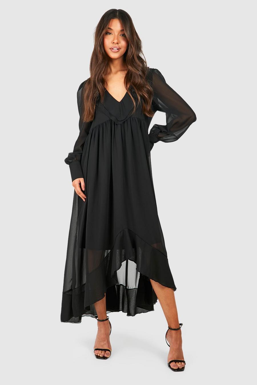 Black Chiffon Ruffle Midi Dress image number 1