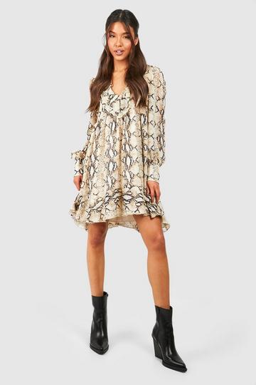 Stone Beige Animal Chiffon Ruffle Smock Dress