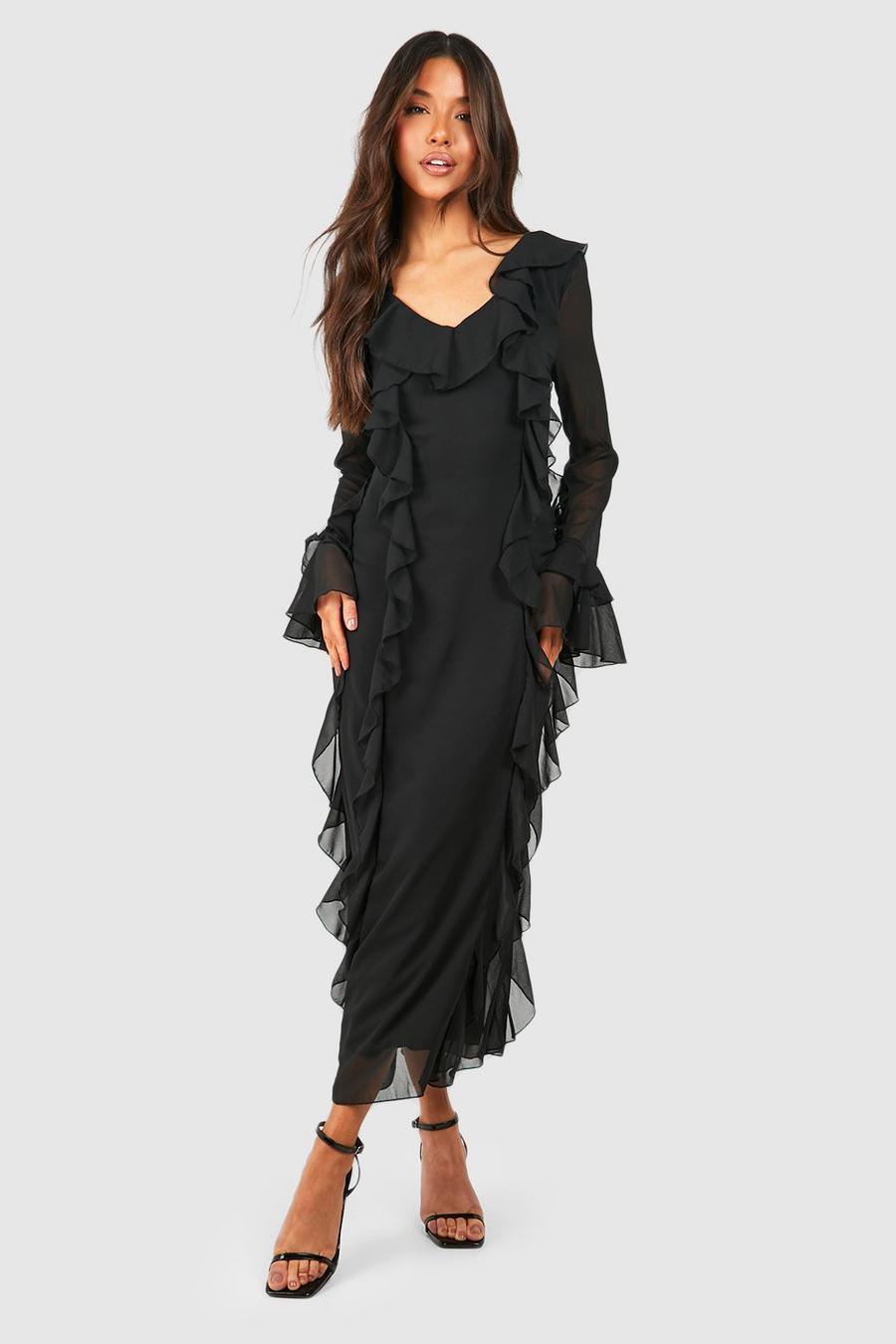 Black Ruffle Detail Midaxi Dress image number 1