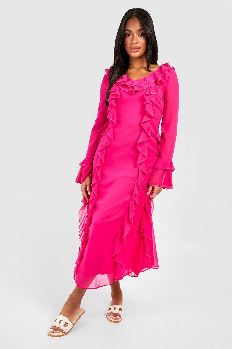 Vestito longuette con dettagli arricciati, Hot pink image number 1