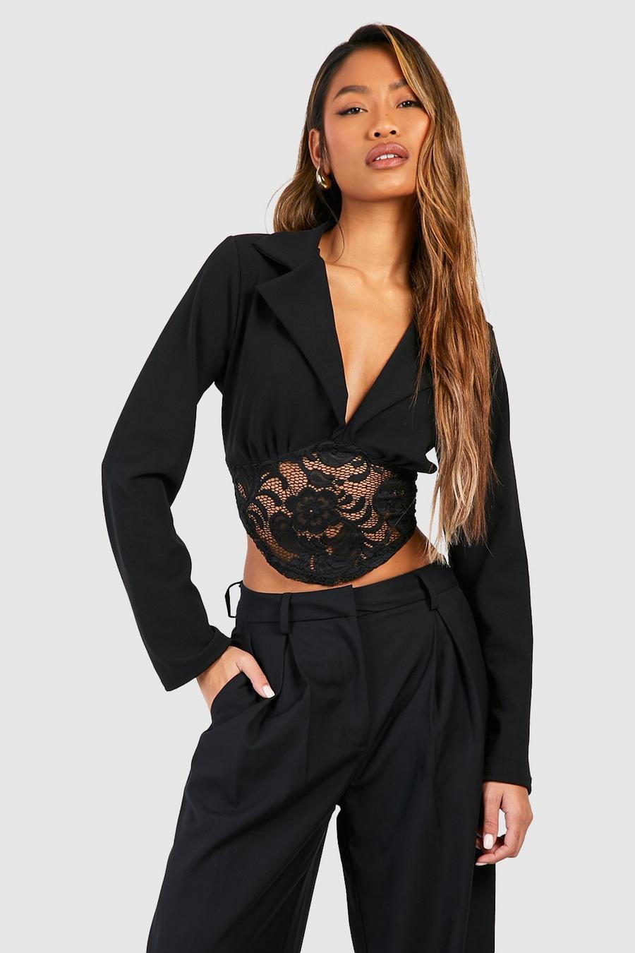 Top a corsetto con pannelli in pizzo, Black image number 1