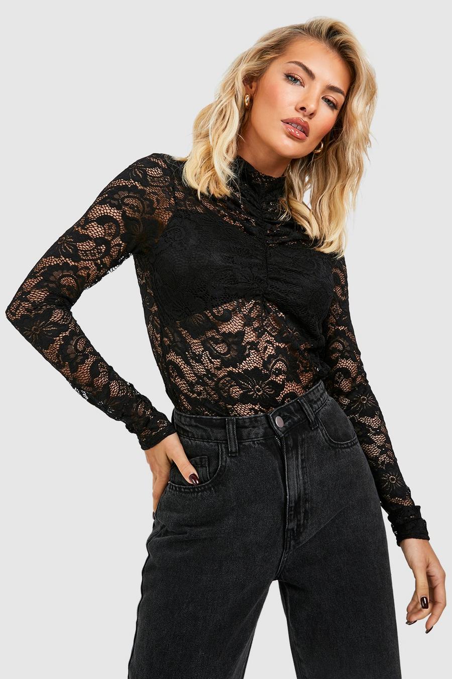 Women's Lace Rouche Front High Neck Top | Boohoo UK