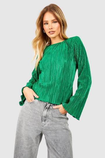 Pleated Shoulder Pad Wide Sleeve Top green