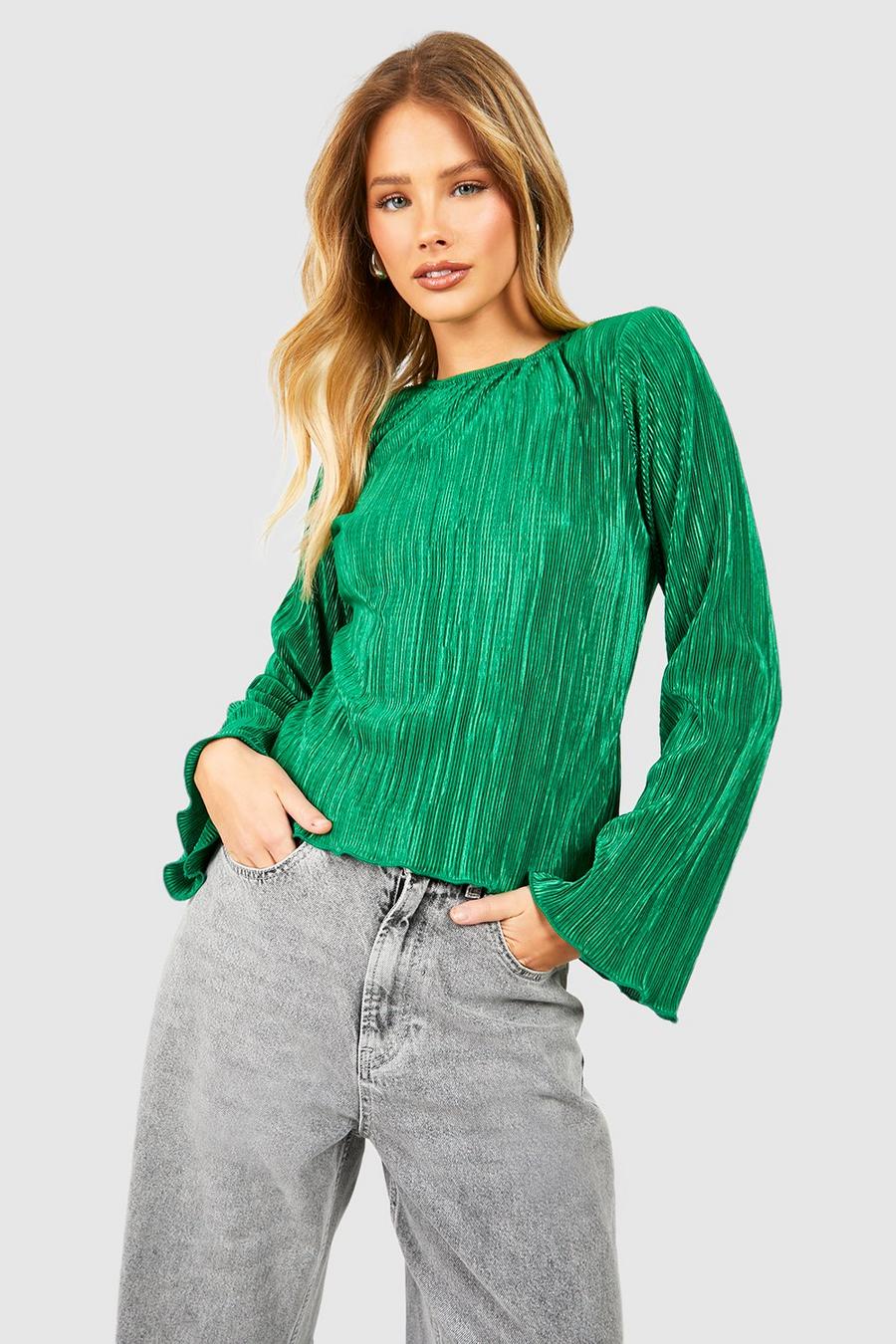 Green Pleated Shoulder Pad Wide Sleeve Top  image number 1