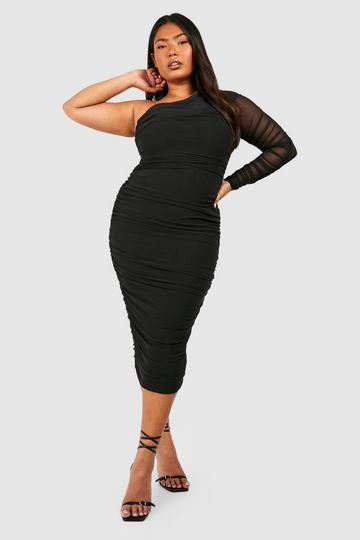 Plus Mesh One Shoulder Ruched Midi Dress black