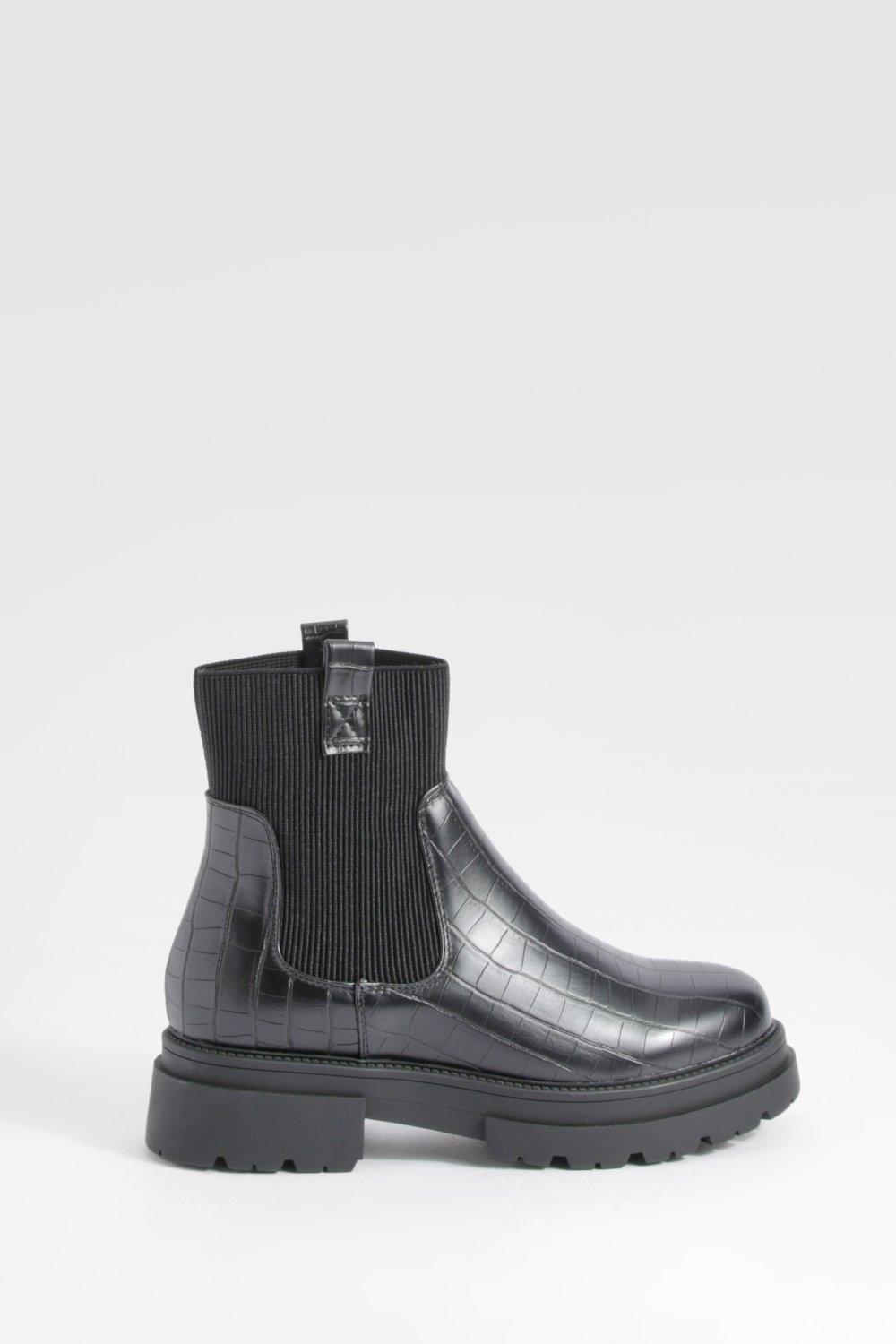 Boohoo Women s Wide Fit Double Tab Croc Chunky Chelsea Boots Black