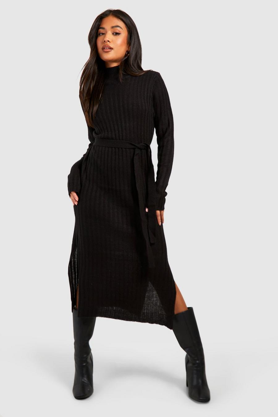 Black Petite Ribbad klänning med polokrage och knytskärp image number 1