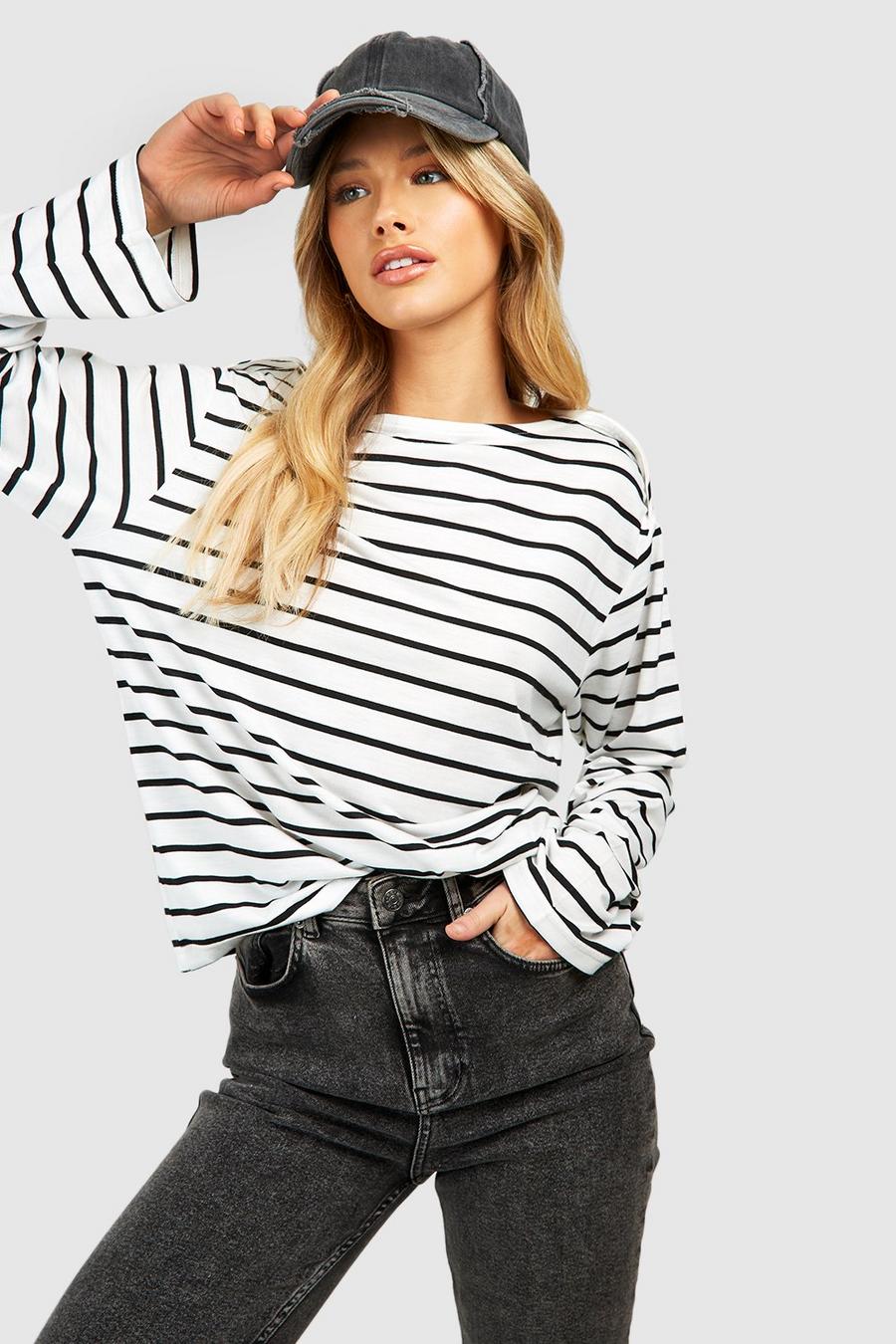 White Wide Stripe Boat Neck Top image number 1