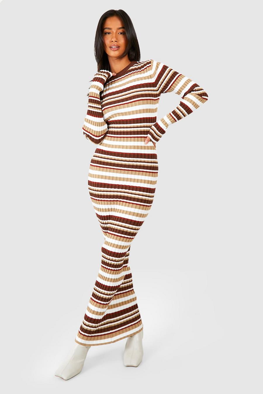 Chocolate brun Petite Mixed Stripe Midaxi Knitted Dress