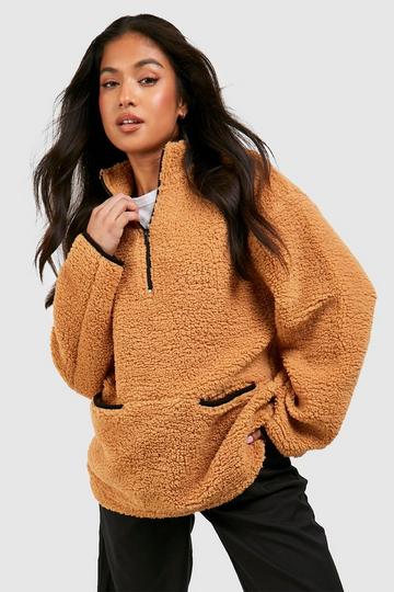 Petite Borg Contrast Half Zip Sweater camel