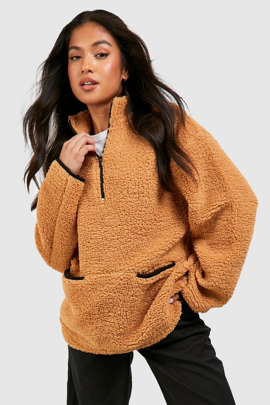 Camel beige Petite Borg Contrast Half Zip Sweater