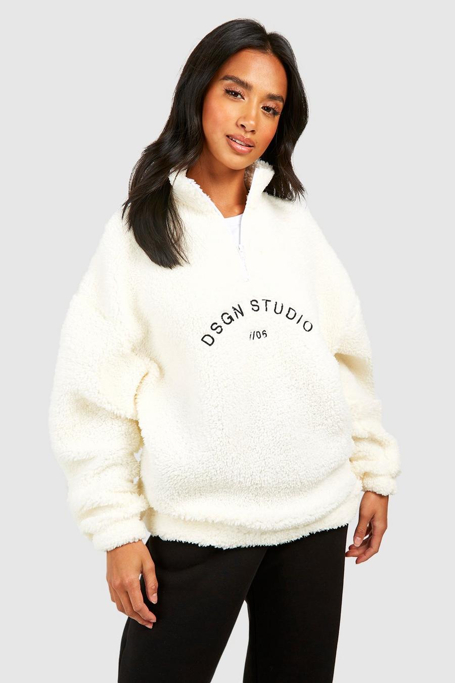 Ecru Petite Premium Borg Embroidered Half Zip Sweater image number 1