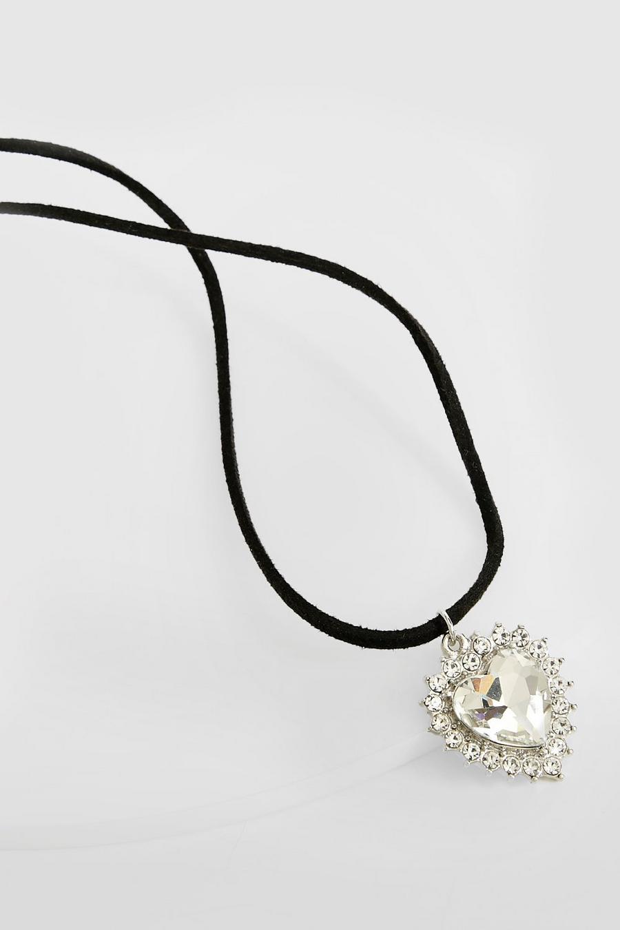 Silver Rhinestone Heart Pendant Chocker Necklace image number 1