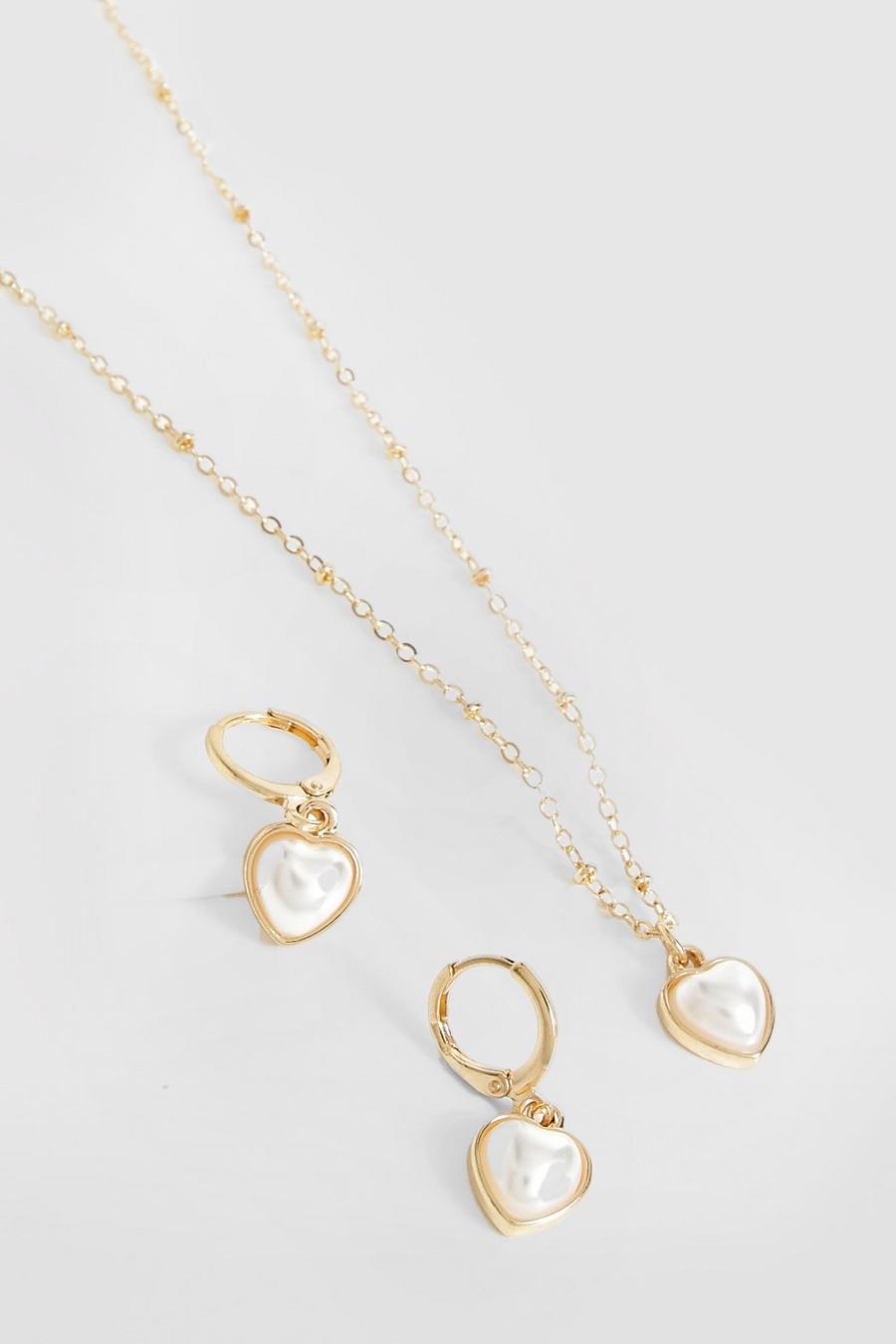 Gold Pearl Heart Necklace And Earring Set  image number 1