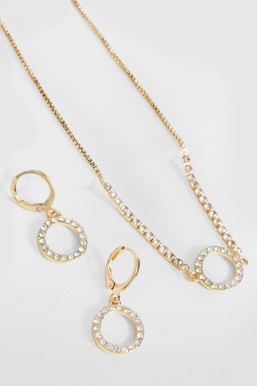 Gold Circle Diamante Necklace And Earring Set