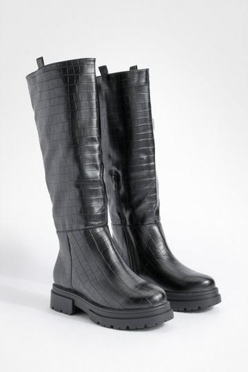 Wide Width Wide Pull On Croc Chunky Knee High Boots
