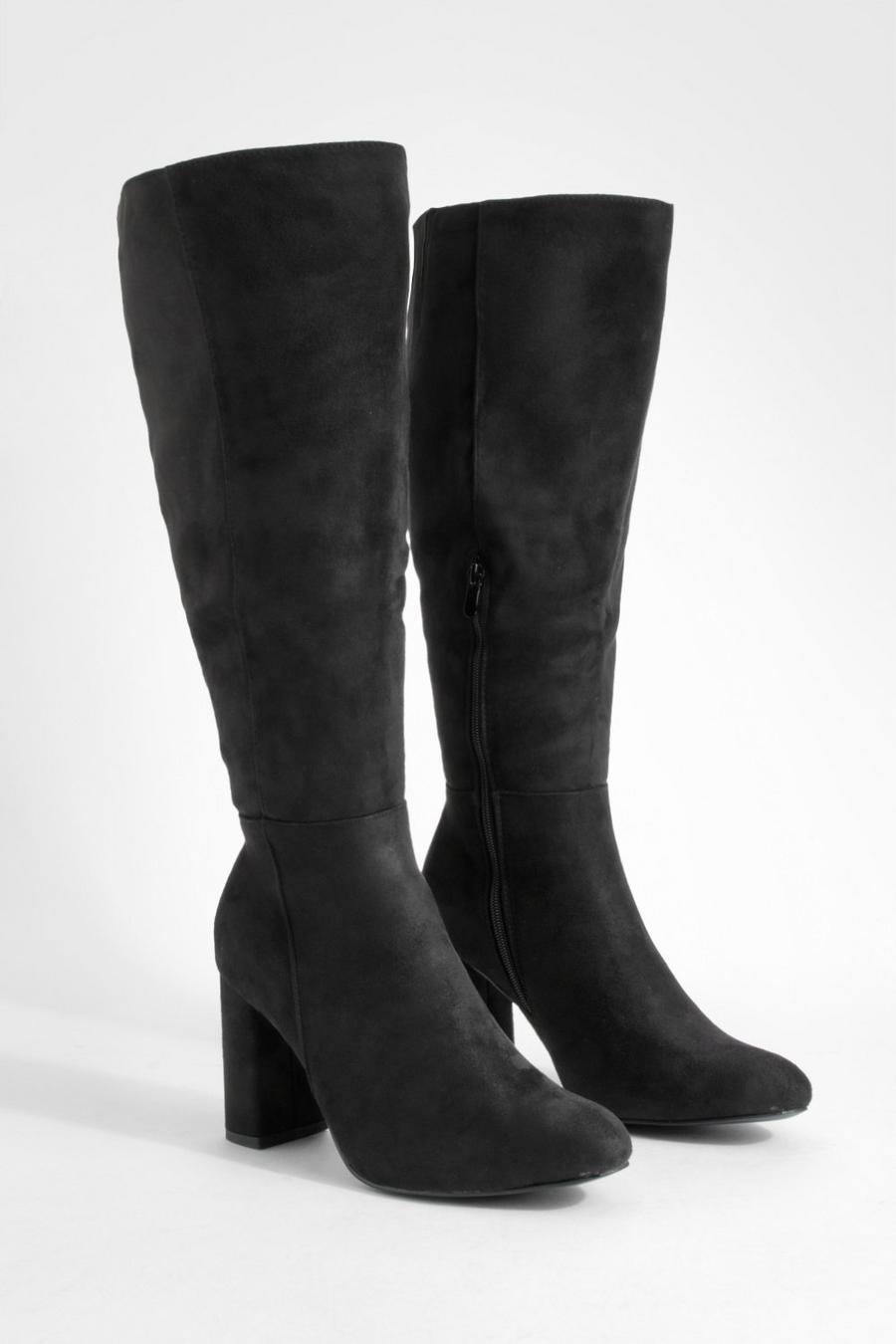 Black Wide Fit Block Heel Knee High Pull On Boots image number 1