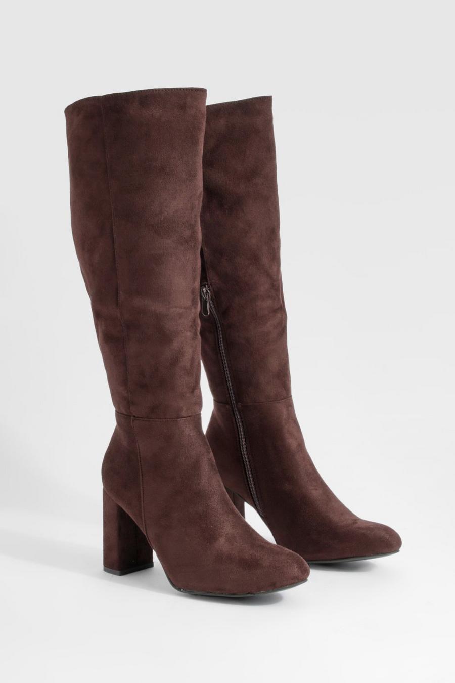 Chocolate Wide Fit Block Heel Knee High Pull On Boots image number 1