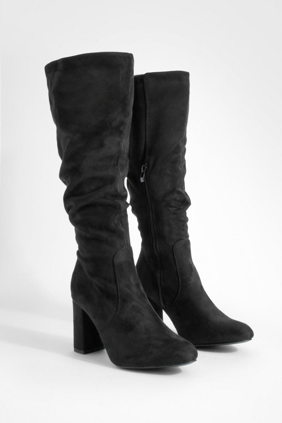 Black Wide Fit Slouchy Block Heel Knee High Boots image number 1