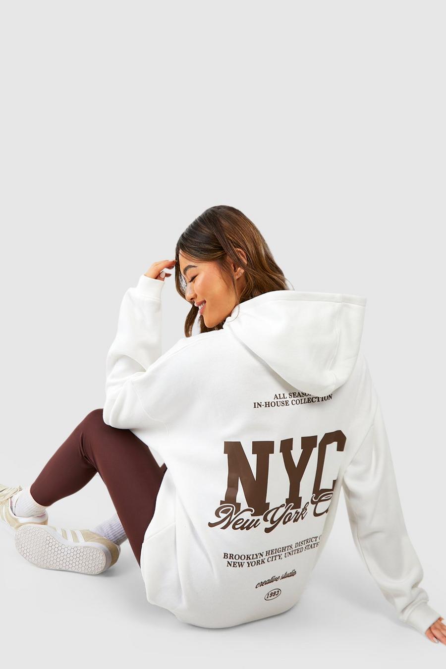 Sudadera oversize con capucha y eslogan NYC en la espalda, Ecru image number 1